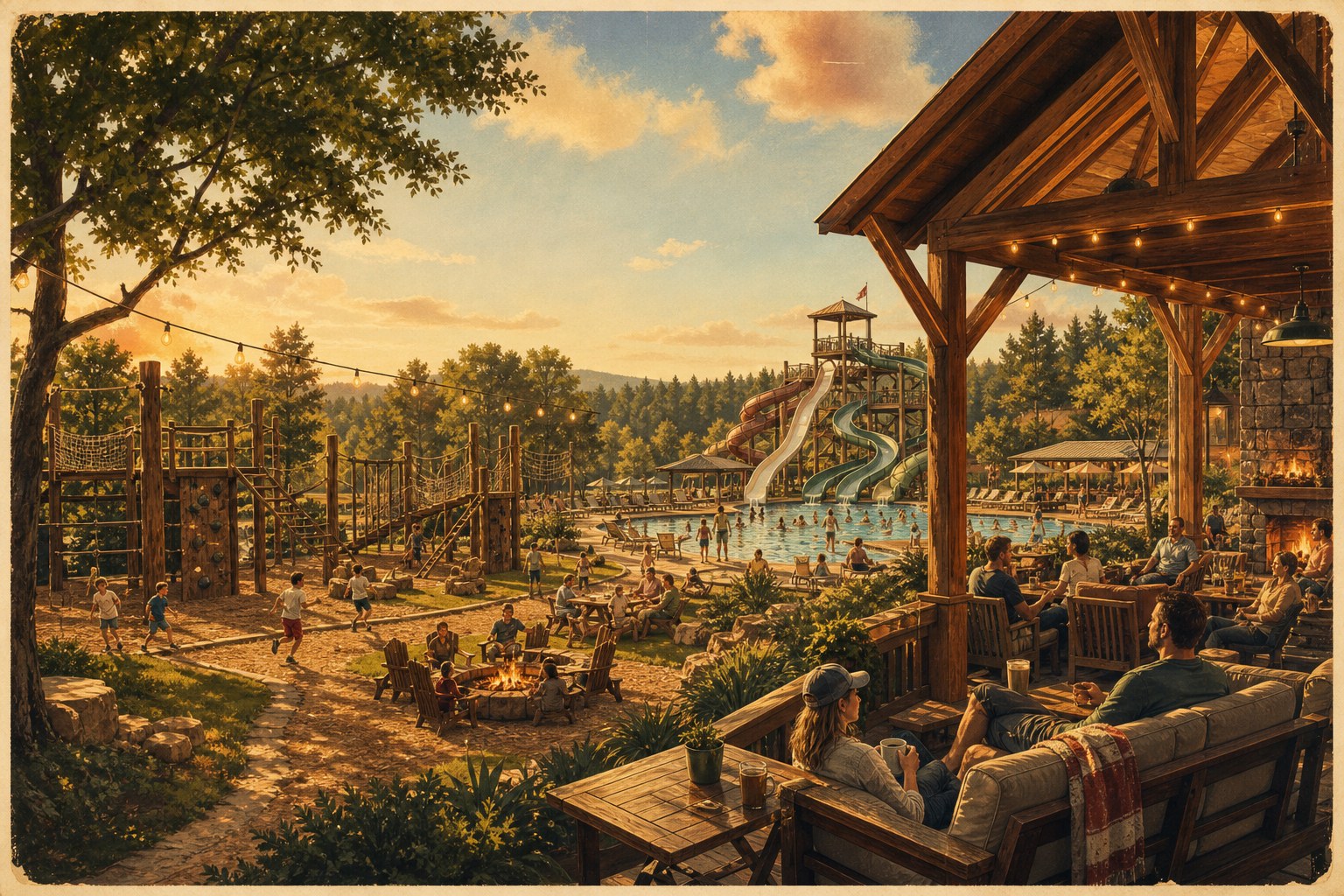 A vintage camp lodge, adventure yard, and pool with slides at golden hour.