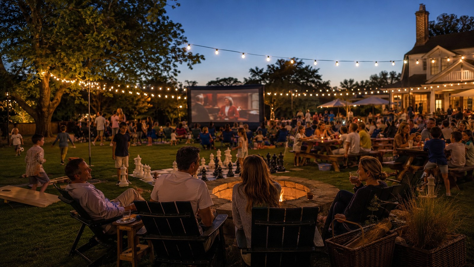 A camp circle concept with outdoor movie night, string lights, and fire pits.