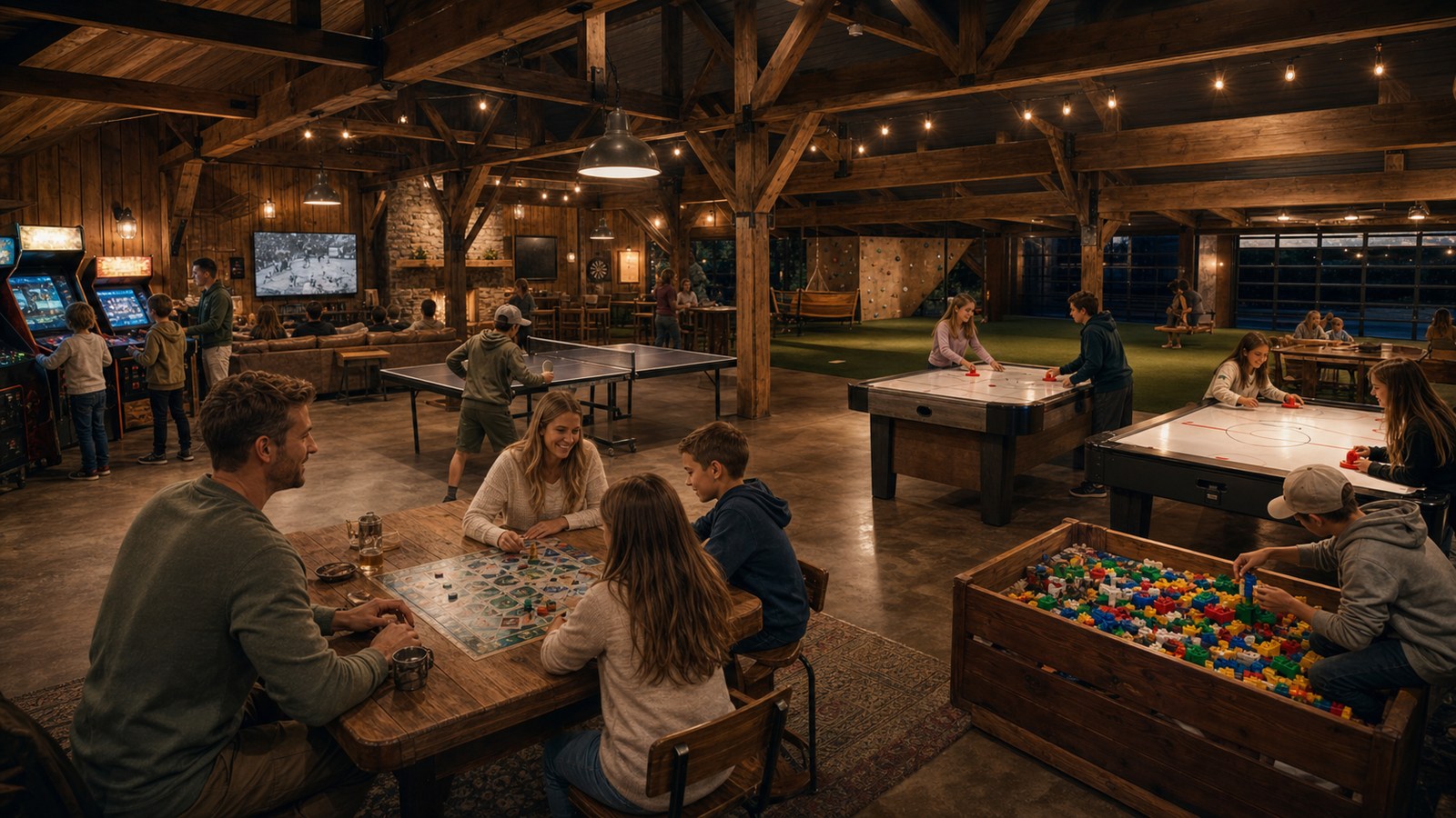 A game barn concept with indoor games, craft tables, and warm wood beams.