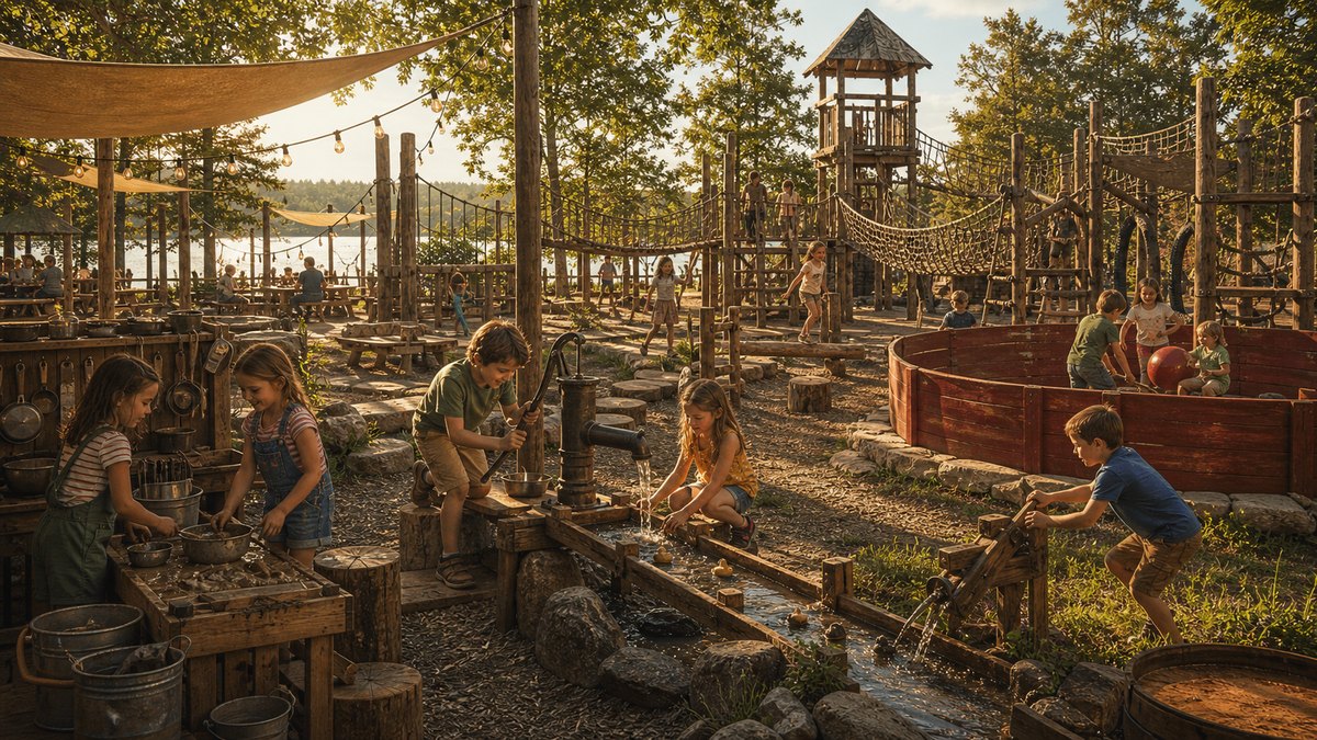 A handmade adventure yard with timber forts, water channels, and rope bridges.