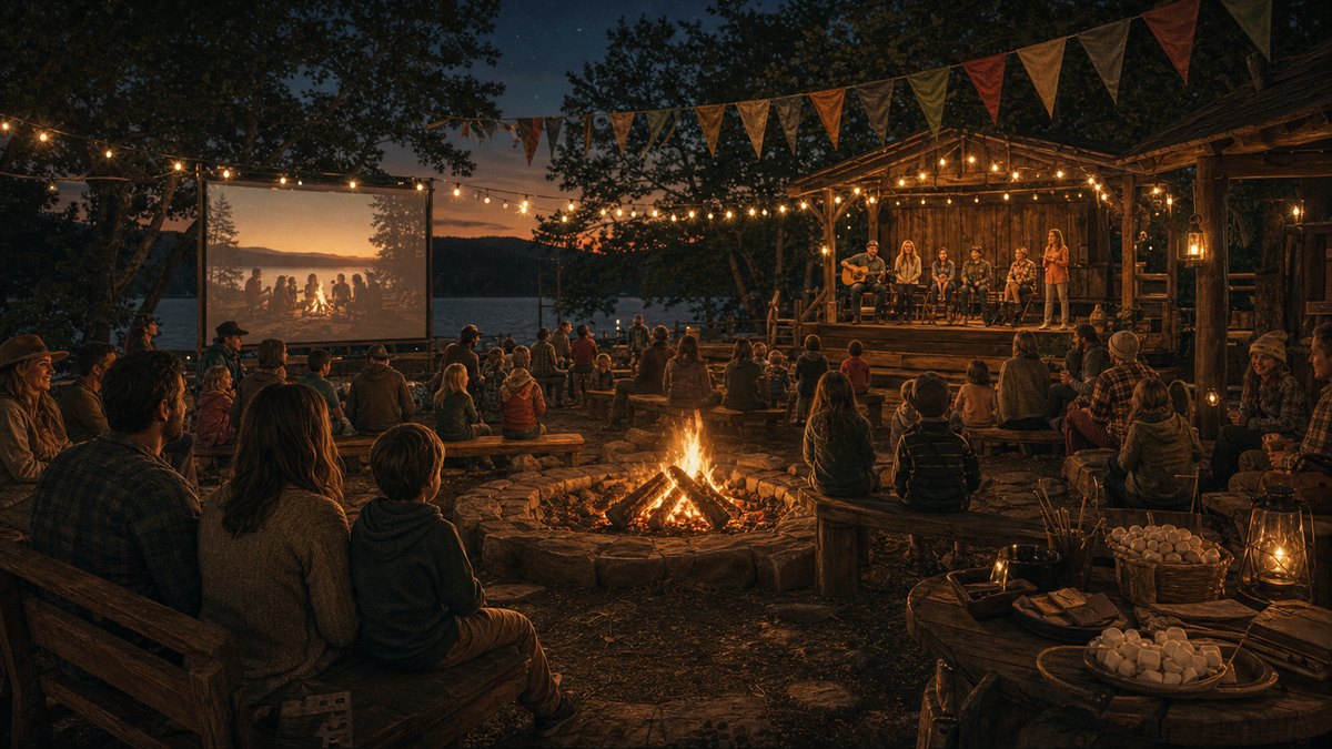 A camp circle with fire pits, benches, lights, and families at dusk.