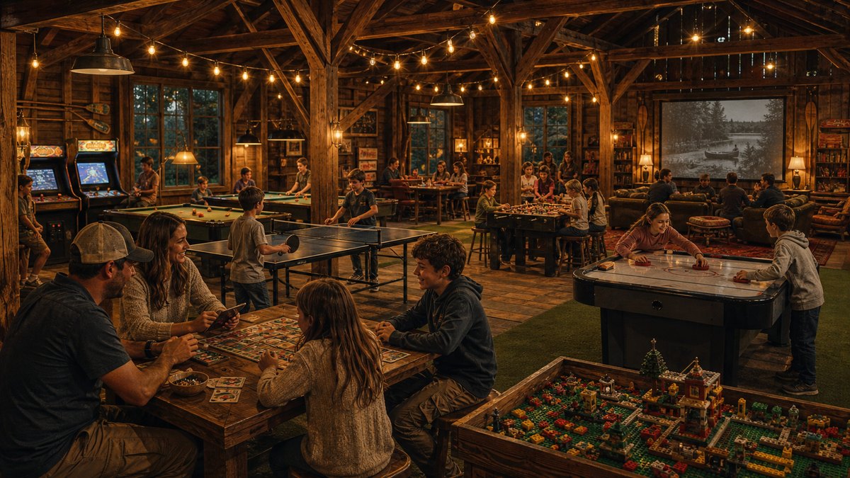 A warm game barn with tables, arcade games, crafts, and indoor turf.