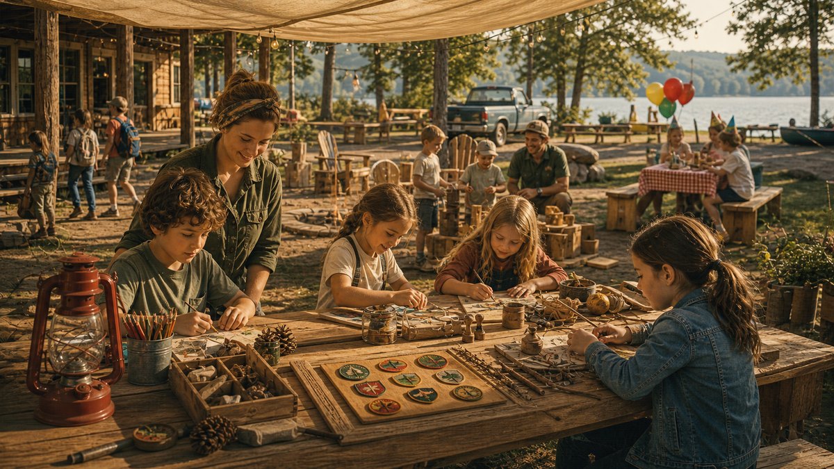 A camp program scene with crafts and kids gathered under canvas shade.