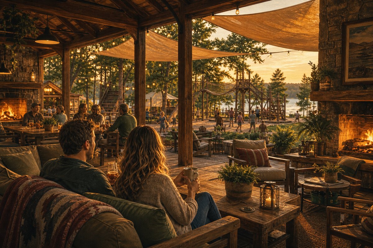 A warm cedar lodge patio with parents gathered under string lights.