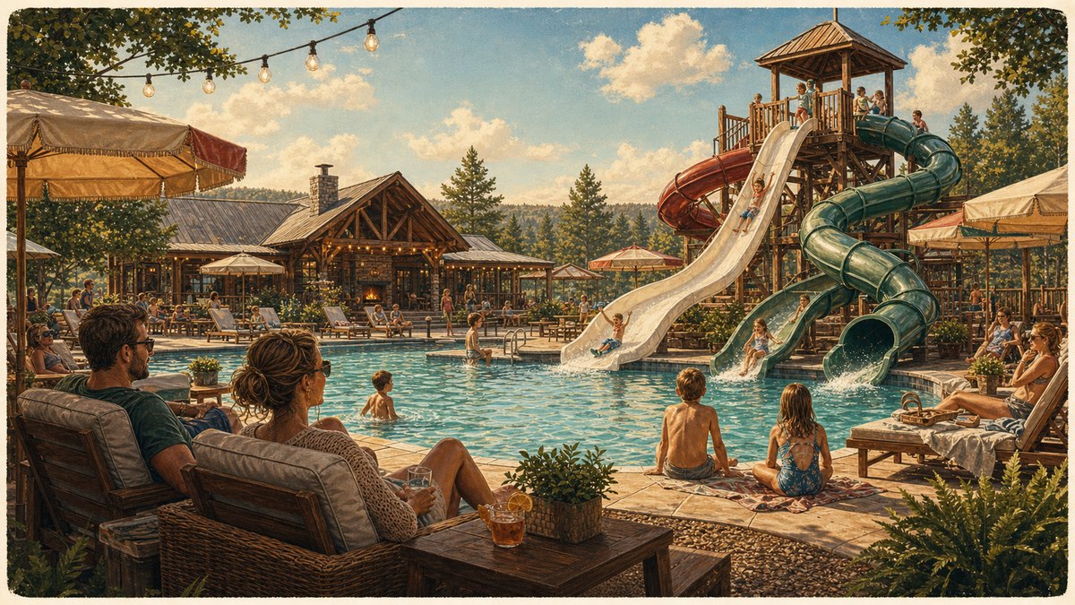 A resort-style pool deck with multiple slides and shaded seating.